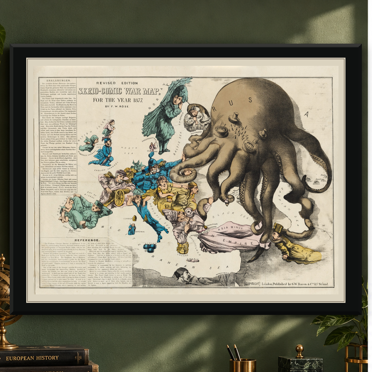 Old Map of Europe, 1877 by Fredrick Rose - 19th Century Propaganda Serio-Comic, Octopus Russian vs. Ottoman Empires