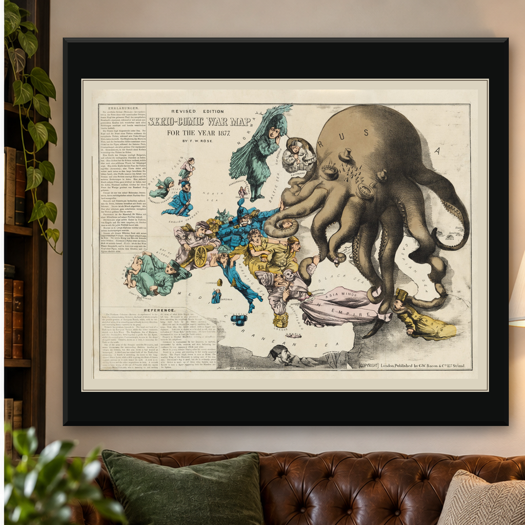 Old Map of Europe, 1877 by Fredrick Rose - 19th Century Propaganda Serio-Comic, Octopus Russian vs. Ottoman Empires
