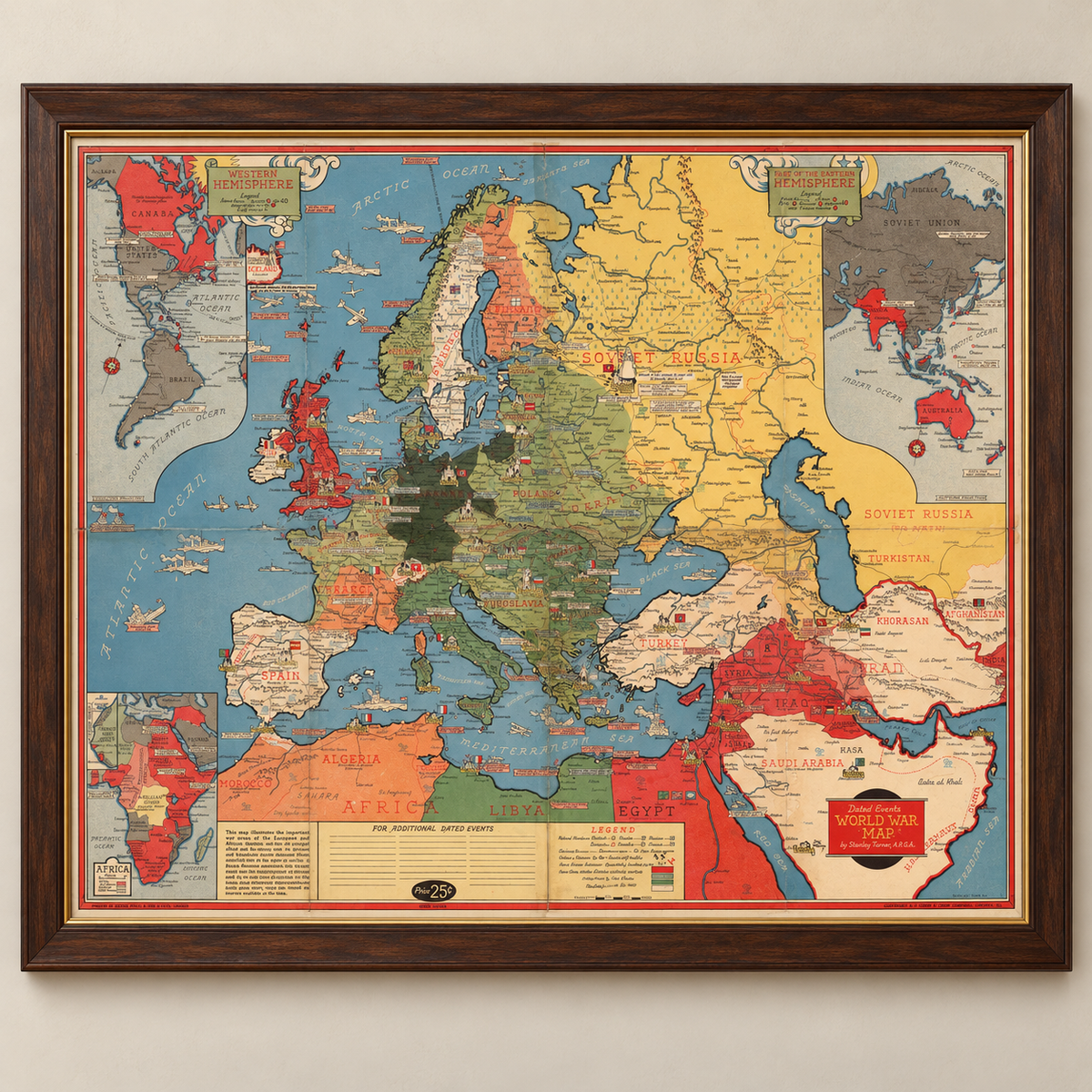 Old World War 2 Map, 1942 by Stanley Turner - "Dated Events" WW2 History Chart - Europe, Nazis, Allies, Germany