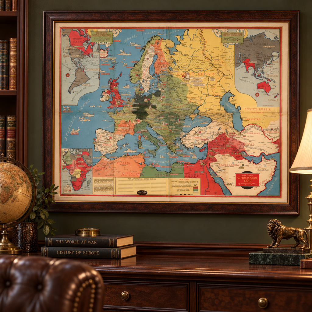 Old World War 2 Map, 1942 by Stanley Turner - "Dated Events" WW2 History Chart - Europe, Nazis, Allies, Germany