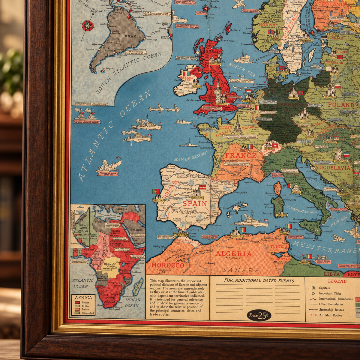 Old World War 2 Map, 1942 by Stanley Turner - "Dated Events" WW2 History Chart - Europe, Nazis, Allies, Germany