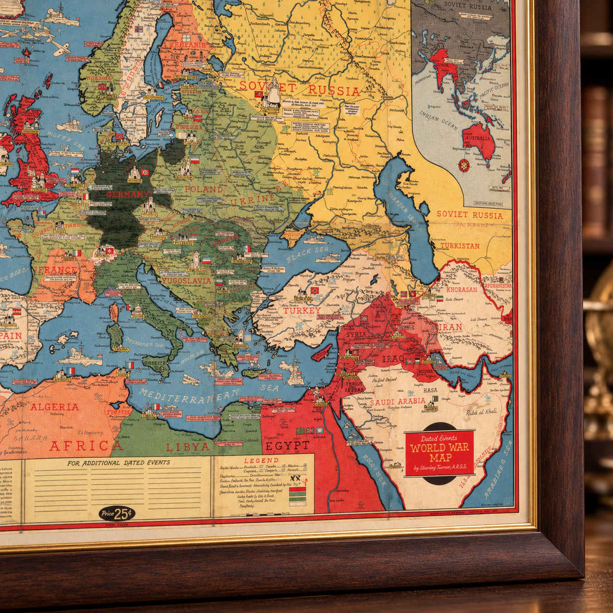Old World War 2 Map, 1942 by Stanley Turner - "Dated Events" WW2 History Chart - Europe, Nazis, Allies, Germany