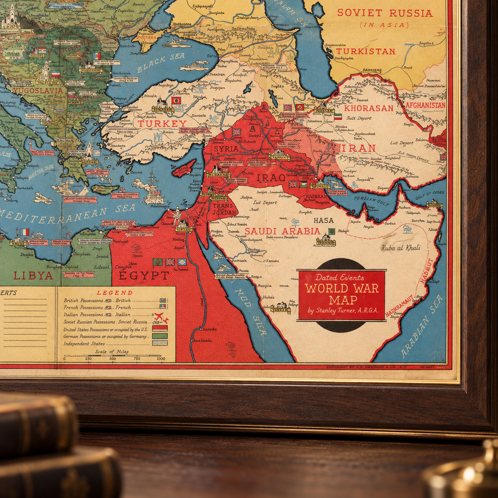 Old World War 2 Map, 1942 by Stanley Turner - "Dated Events" WW2 History Chart - Europe, Nazis, Allies, Germany