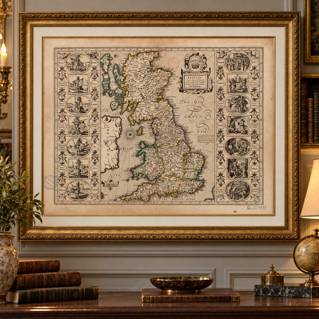 Seltene alte Wikingerkarte von England, Wales & Schottland aus dem Jahr 1611 – Karte der angelsächsischen Heptarchie von Großbritannien von John Speed