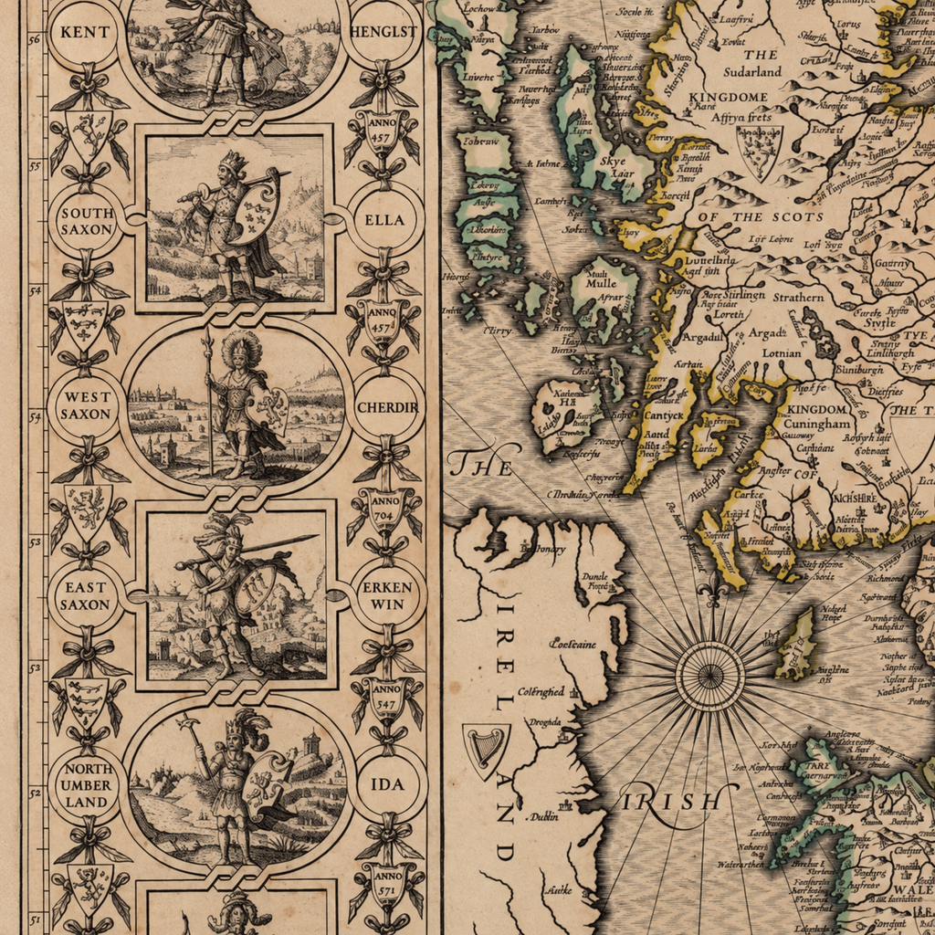 Seltene alte Wikingerkarte von England, Wales & Schottland aus dem Jahr 1611 – Karte der angelsächsischen Heptarchie von Großbritannien von John Speed