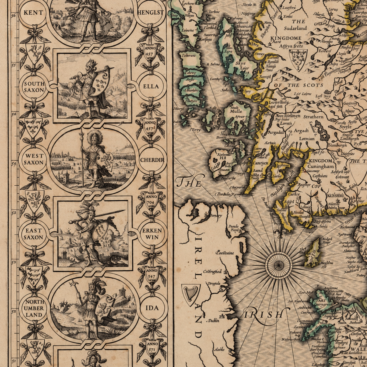 Seltene alte Wikingerkarte von England, Wales & Schottland aus dem Jahr 1611 – Karte der angelsächsischen Heptarchie von Großbritannien von John Speed
