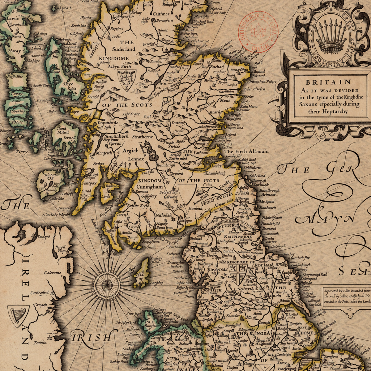 Seltene alte Wikingerkarte von England, Wales & Schottland aus dem Jahr 1611 – Karte der angelsächsischen Heptarchie von Großbritannien von John Speed
