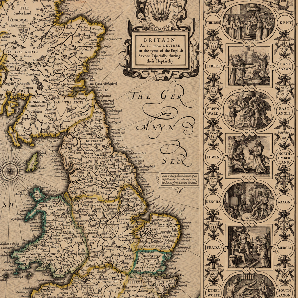 Seltene alte Wikingerkarte von England, Wales & Schottland aus dem Jahr 1611 – Karte der angelsächsischen Heptarchie von Großbritannien von John Speed