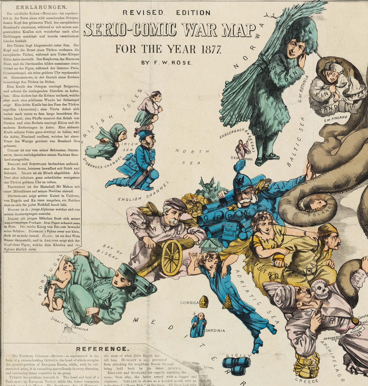 Old Map of Europe, 1877 by Fredrick Rose - 19th Century Propaganda Serio-Comic, Octopus Russian vs. Ottoman Empires