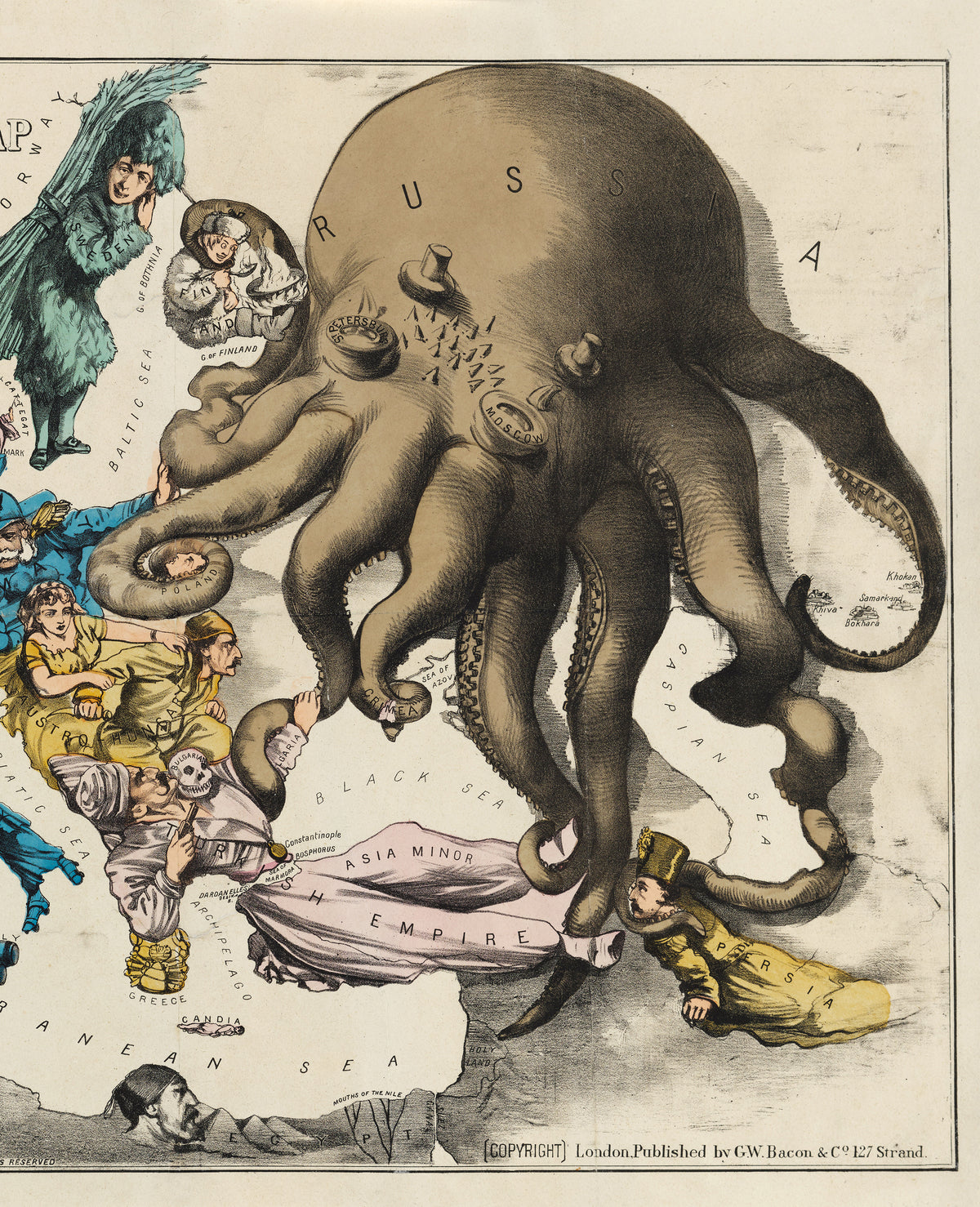 Old Map of Europe, 1877 by Fredrick Rose - 19th Century Propaganda Serio-Comic, Octopus Russian vs. Ottoman Empires