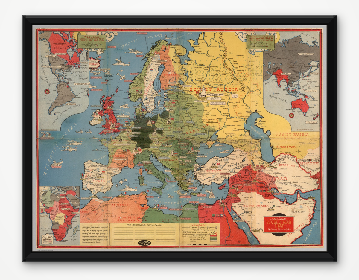 Alte Weltkarte aus dem Zweiten Weltkrieg, 1942 von Stanley Turner – „Dated Events“ WW2 Geschichtskarte – Europa, Nazis, Alliierte, Deutschland