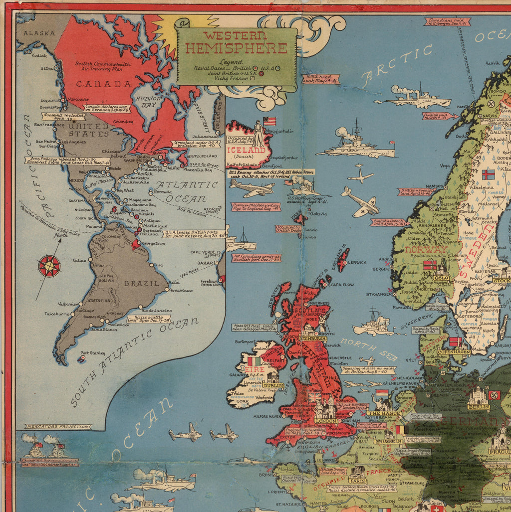Alte Weltkarte aus dem Zweiten Weltkrieg, 1942 von Stanley Turner – „Dated Events“ WW2 Geschichtskarte – Europa, Nazis, Alliierte, Deutschland