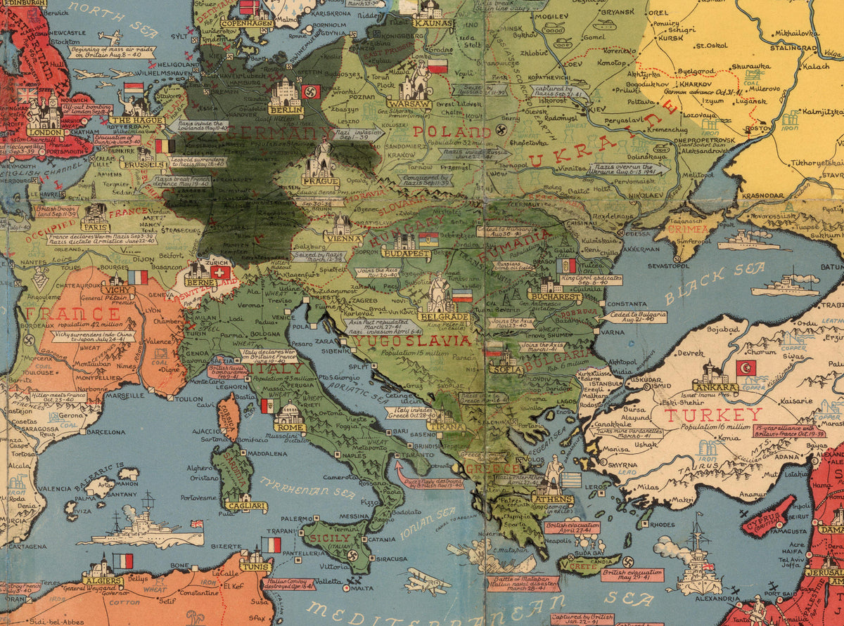 Alte Weltkarte aus dem Zweiten Weltkrieg, 1942 von Stanley Turner – „Dated Events“ WW2 Geschichtskarte – Europa, Nazis, Alliierte, Deutschland