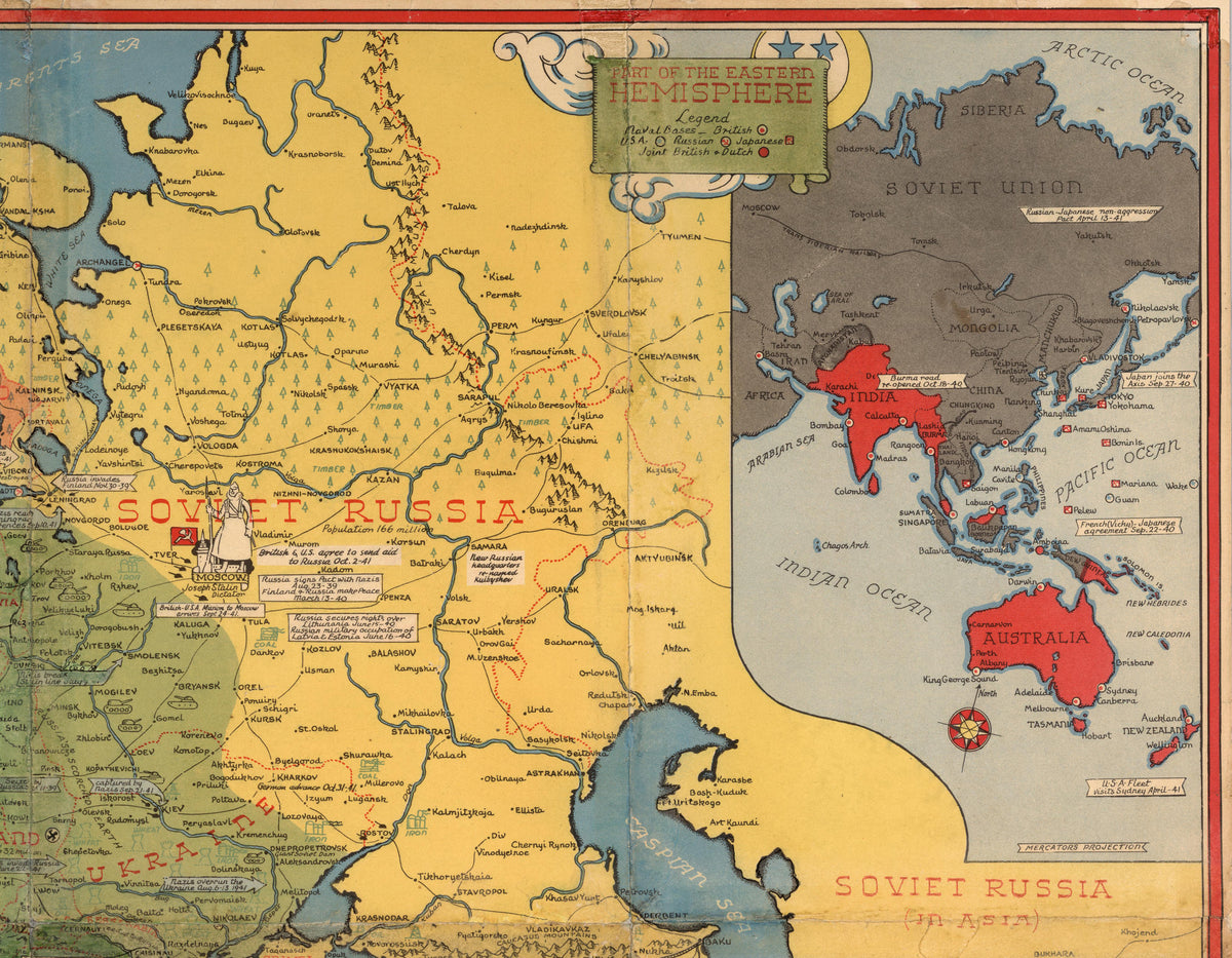 Alte Weltkarte aus dem Zweiten Weltkrieg, 1942 von Stanley Turner – „Dated Events“ WW2 Geschichtskarte – Europa, Nazis, Alliierte, Deutschland